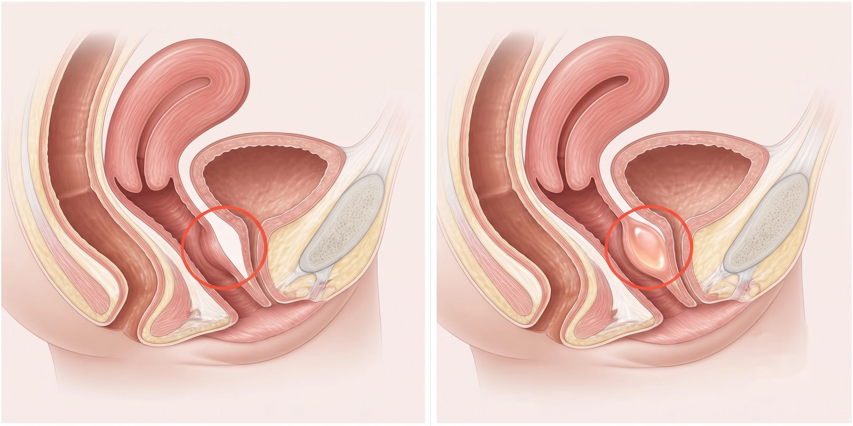 Corte lateral ilustrado de la pelvis con relleno colocado en la pared vaginal anterior, junto a la vejiga, en la zona del punto G.