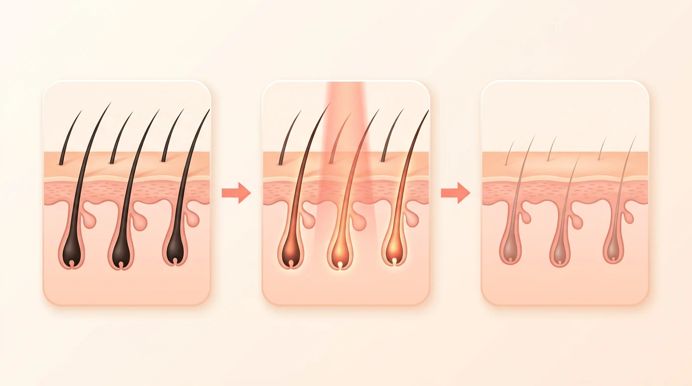 Ilustración en tres pasos de la depilación con láser de diodo ALLIE LITE: vello con sus folículos, luz del láser absorbida por el pigmento del vello y vello más fino y escaso.