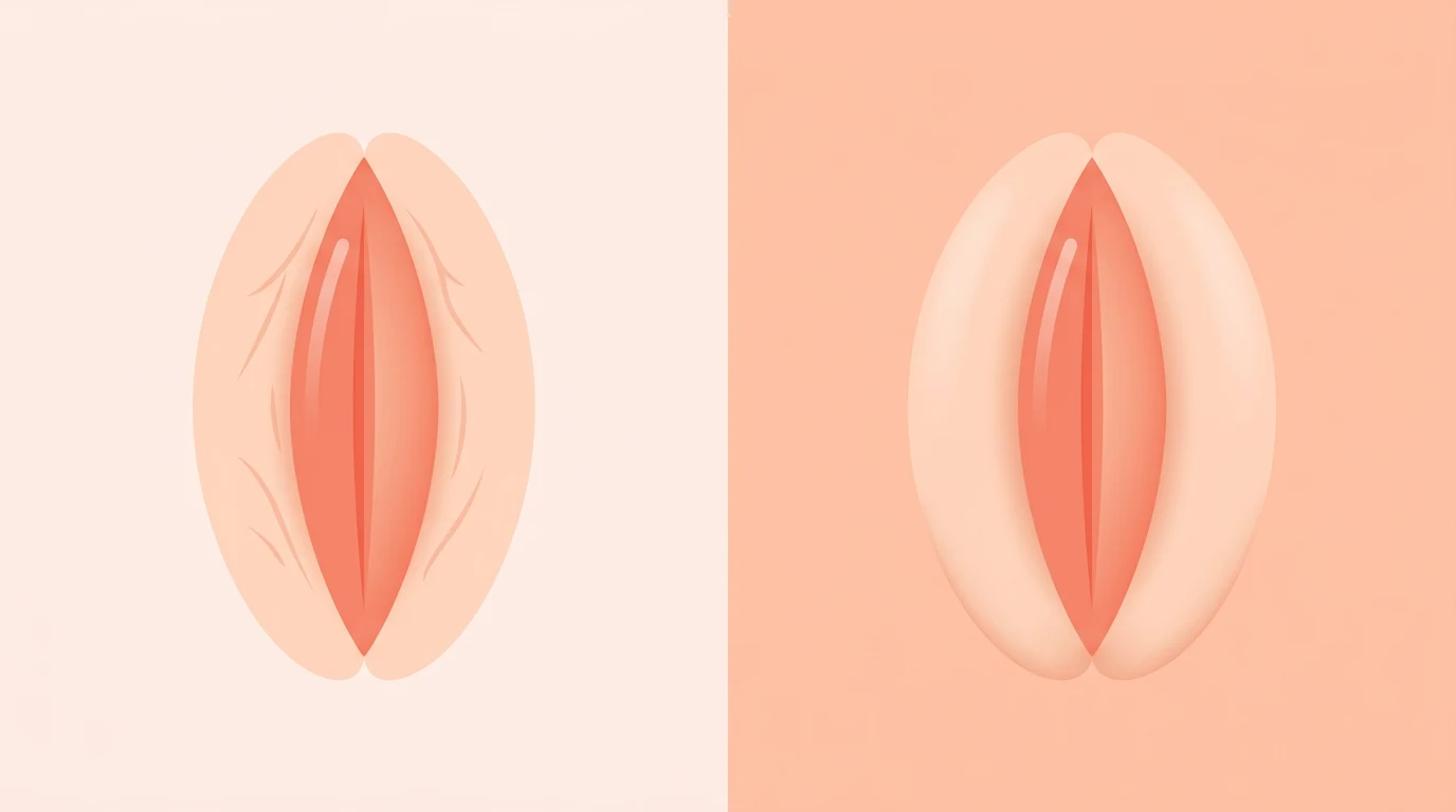 Ilustración de los labios mayores: a la izquierda, más planos y con arrugas finas; a la derecha, con un contorno más lleno y liso.