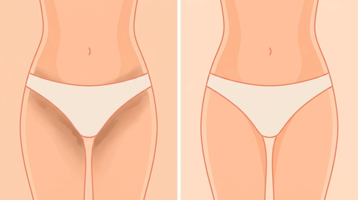 Ilustración de la zona del bikini: a la izquierda, la zona de la ingle con una pigmentación más oscura; a la derecha, con un tono más uniforme.