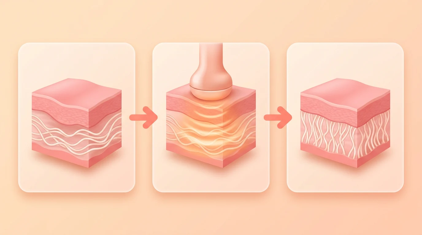 Ilustración en tres pasos de la radiofrecuencia íntima: pared vaginal relajada, sonda que lleva un calor suave a la capa profunda y capa de colágeno más firme.