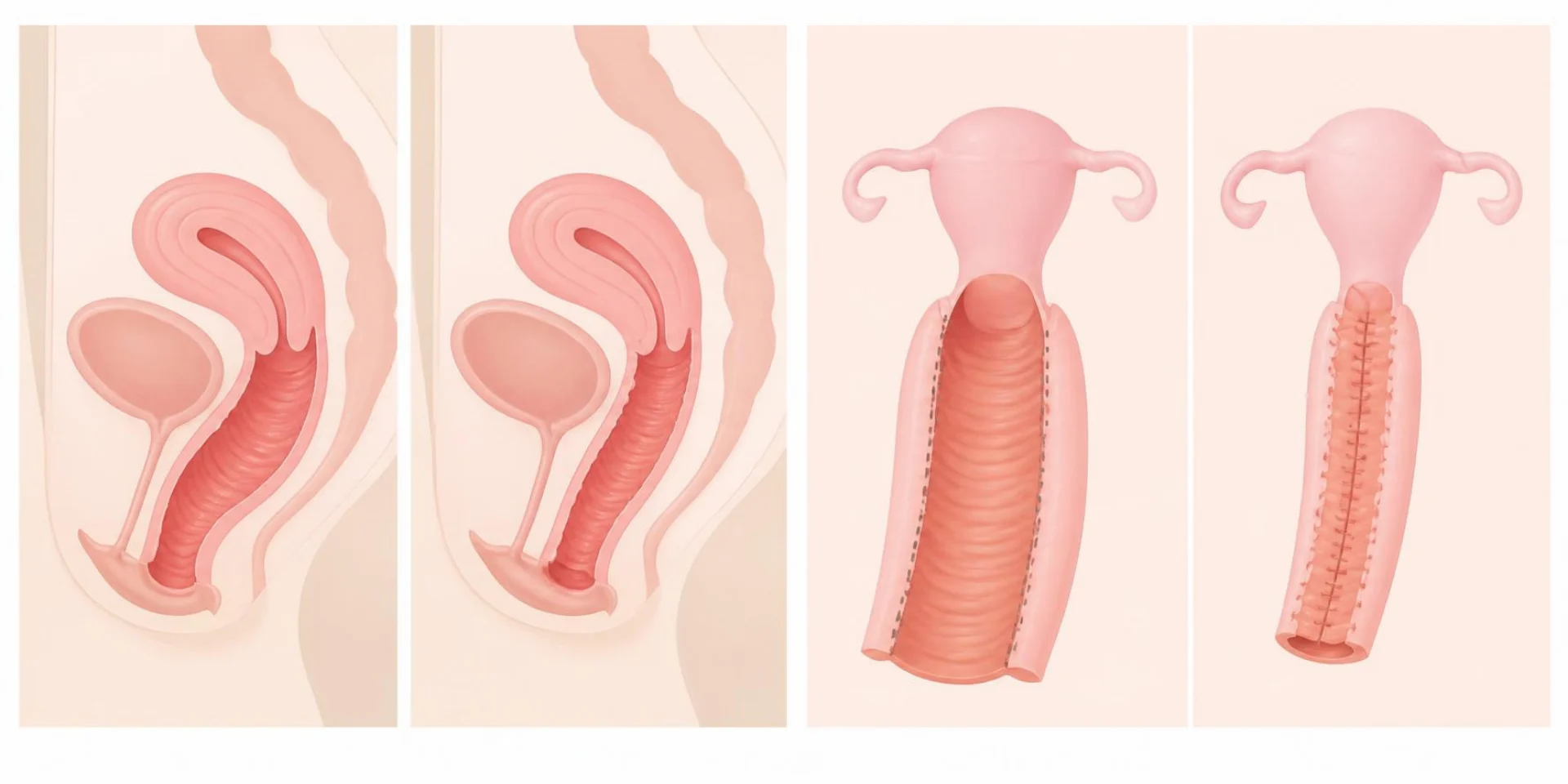 Corte lateral ilustrado del estrechamiento vaginal: el canal amplio se estrecha y el revestimiento interno sobrante se reduce y se sutura.